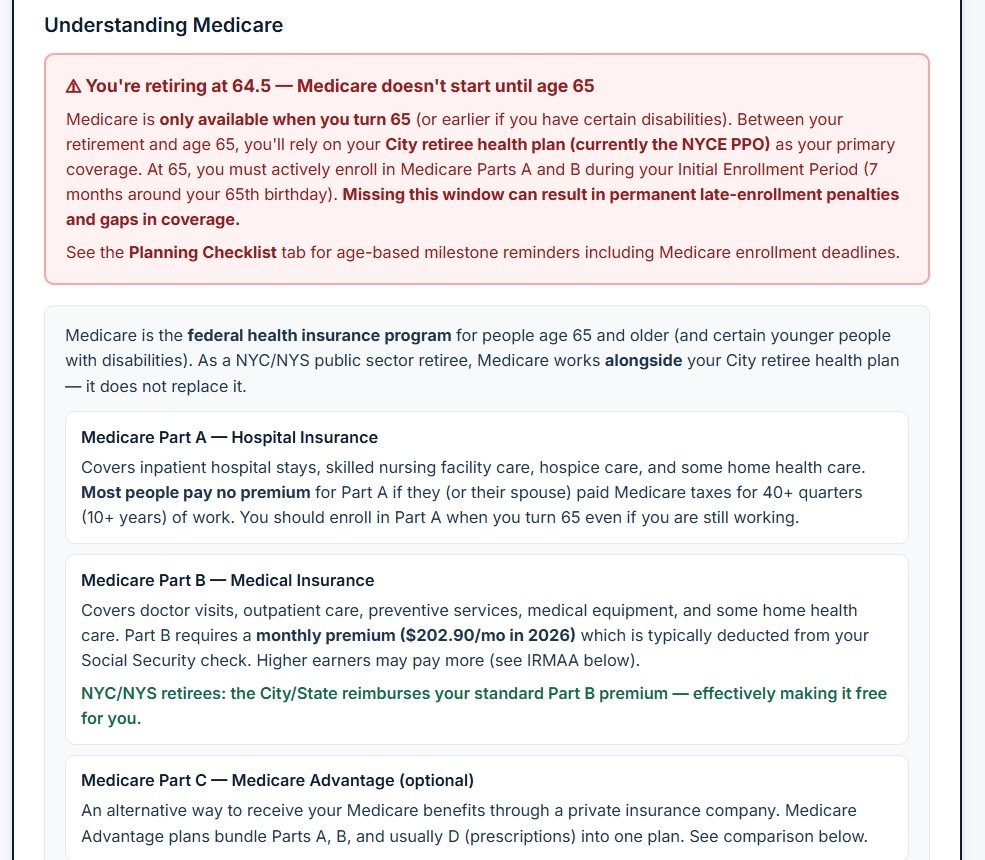 VestingView Healthcare section explaining Medicare enrollment and retiree coverage