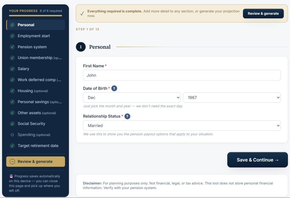 VestingView guided intake showing simple questions, a progress checklist, and optional passphrase-locked saving on your own device