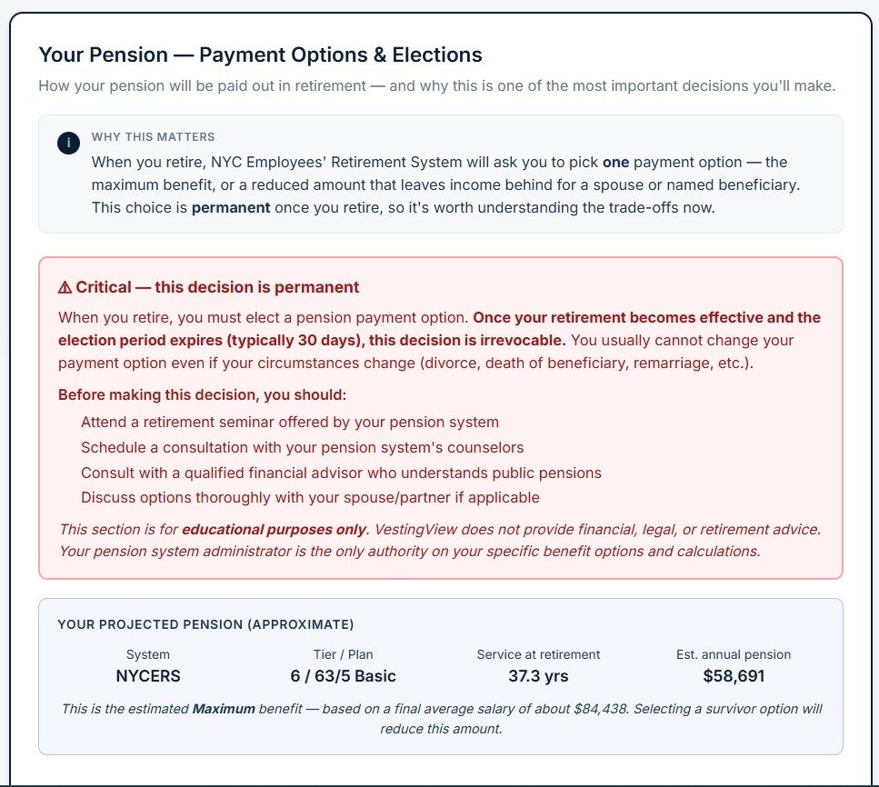 VestingView Pension payment election options and projected pension breakdown