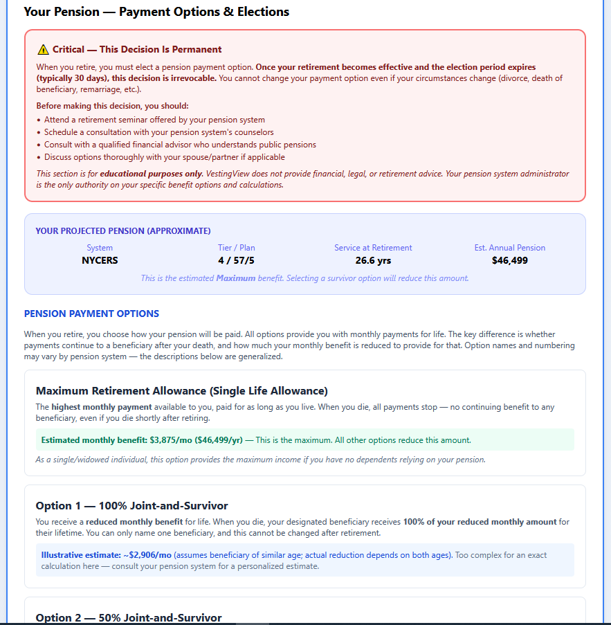 VestingView Your Pension tab showing payment election options with estimated amounts